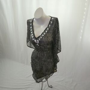 Sol Mer Black Sheer Beaded Cover Up S/M | Beach Swim Tunic Sparkle Resortwear